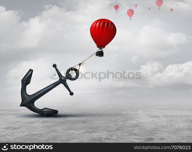 Held back metaphor as a large anchor holding or oppressing an air balloon and restricting movement as a suppression business metaphor from aspiring to succeed with 3D illustration elements.