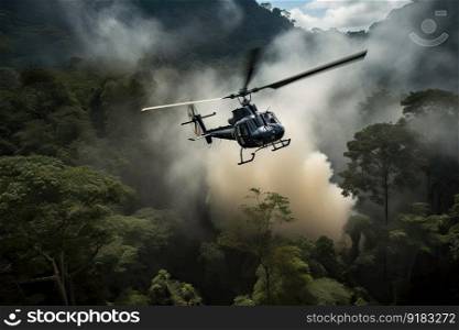 helicopter flying over dense jungle, with smoke billowing from its engines, created with generative ai. helicopter flying over dense jungle, with smoke billowing from its engines