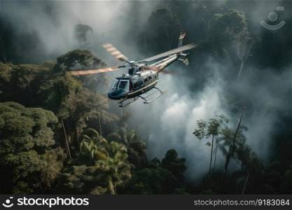 helicopter flying over dense jungle, with smoke rising from below, created with generative ai. helicopter flying over dense jungle, with smoke rising from below