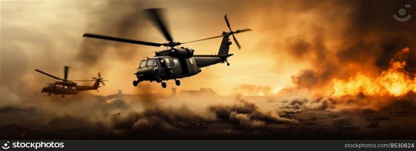 Helicopters Execute Military Landing in Desert Chaos. Generative ai. High quality illustration. Helicopters Execute Military Landing in Desert Chaos. Generative ai
