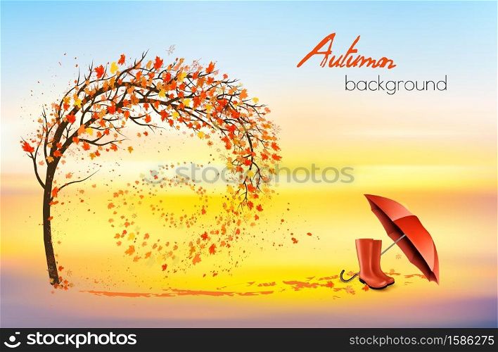 Hello a gold autumn. Autumn landscape with autumn colorful leaves on the tree and red umbrella and rain boots in a park on a background. Vector illustration