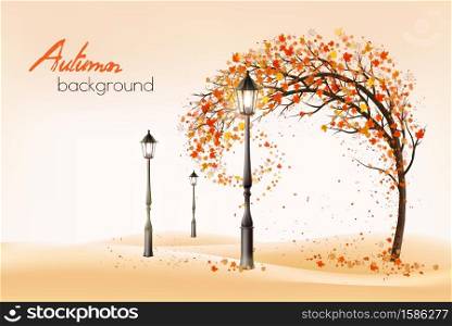Hello a gold autumn. Autumn landscape with autumn colorful leaves on the tree and lampposts in a park on a background. Vector illustration