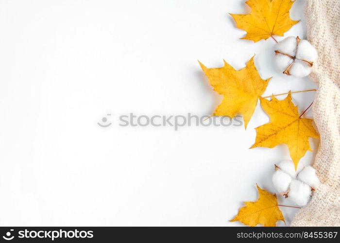 Hello autumn. Beginning of fall season. Knitted sweater, yellow fallen leaves and cotton flowers on a white background. Copy space.. Hello autumn. Beginning of fall season. Knitted sweater, yellow fallen leaves and cotton flowers on white background.
