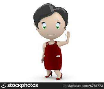 Hello cutie in red dress! Social 3D characters: happy smiling beautiful girl waves her hand wearing red dress. New constantly growing collection of expressive unique multiuse people images. Isolated.