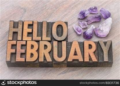 Hello February in vintage letterpress wood type with amethyst crystals