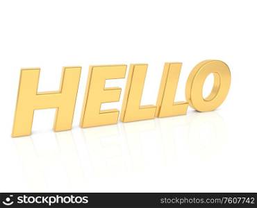 Hello - inscription in gold letters on a white background. 3d render illustration.. Hello - inscription in gold letters on a white background.