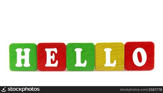 hello - isolated text in wooden building blocks