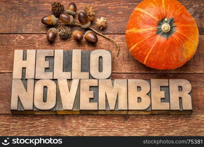 Hello November greeting card - letterpress wood type blocks against grained wood with acorn and squash decoration