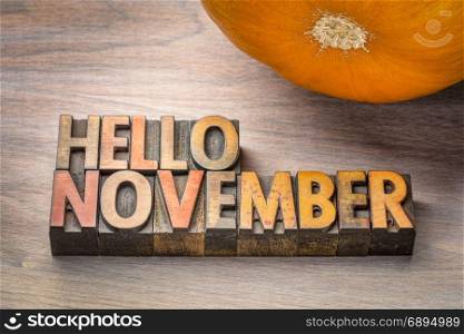 hello November greeting card - letterpress wood type blocks against grained wood with a pumpkin
