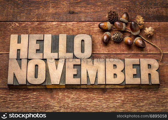 hello November greeting card - letterpress wood type blocks against grained wood with acorn decoration