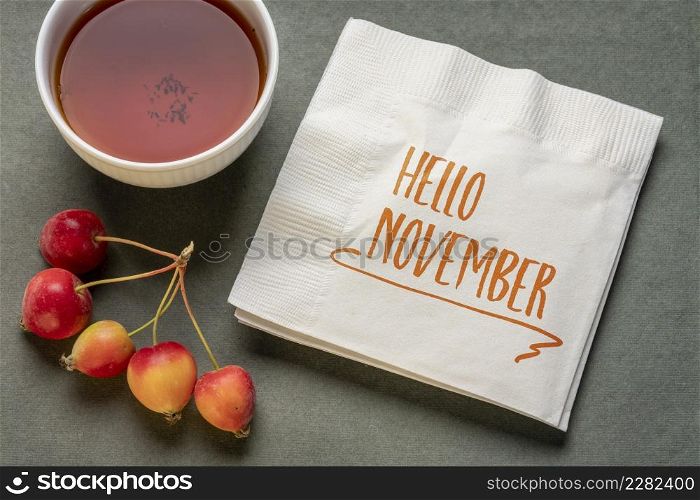 Hello November handwriting on a napkin with a cup of tea and a bunch of crab apples, seasonal abstract