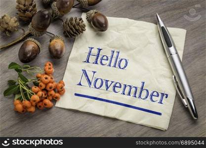 Hello November handwriting on a napkin with cone, acorn and firethorn season decoration