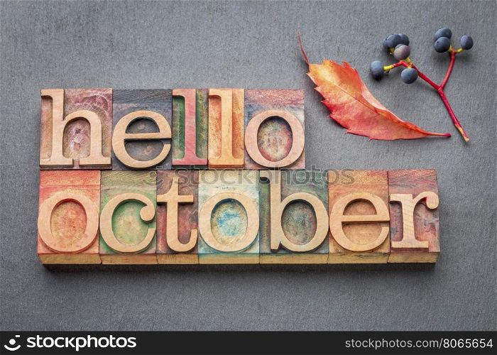 hello October greeting card - letterpress wood type blocks against gray slate stone