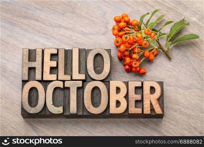 hello October greeting card - vintage letterpress wood type blocks against grained wood with firethorn berries