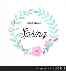 Hello spring, Flowers wreath watercolors, Hand drawing flowers in watercolor style on white paper background, banner, art illustration design