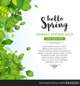 Hello Spring Leaves Background. Illustration of a spring season background, with green leaves, from various plants and trees species and annual sale