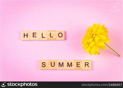 Hello summer concept. Yellow flower on a pink background. Wooden lettering. Hello summer concept. Yellow flower on pink background. Wooden lettering