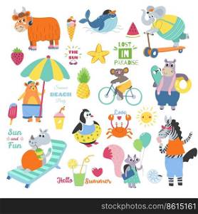 Hello summer season, children toys and decorative stickers with animals. Whale and ox, elephant and umbrella, bear and penguin, zebra and rhino. Crab and sun, koala on bike. Vector in flat style. Children stickers and toys, hello summer season