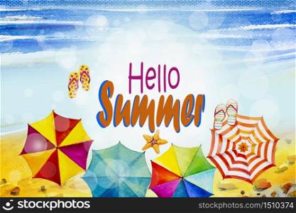 Hello summer. Watercolor painting banner design with text, beach wave and accessories, multicolor umbrella, flip-flops, starfish, summer holiday in blue background, beauty season. Painted illustration