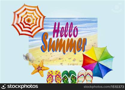Hello summer. watercolor painting colorful banner design sea beach wave and accessories multicolor umbrella, flip-flops,starfish, summer holiday in blue background, beauty season. Painted illustration