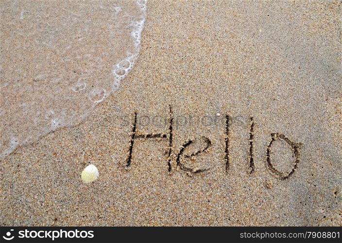 Hello word written on the sandy beach