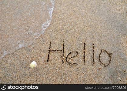 Hello word written on the sandy beach