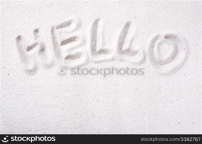 Hello written in beautiful white sand