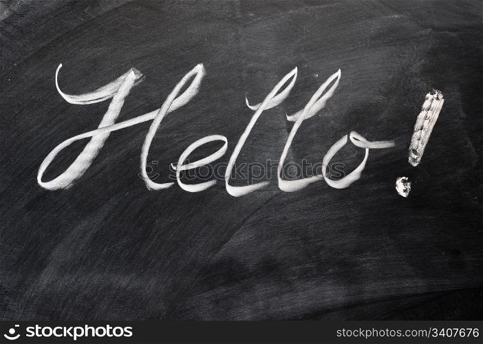 Hello written on blackboard with an exclamation mark