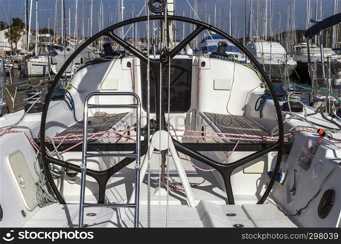 helm station on sailing boat in the dock