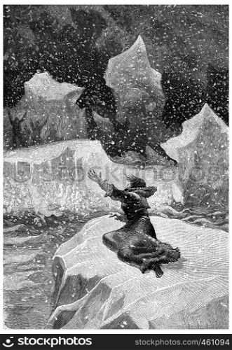 Help! Help! Jean, vintage engraved illustration. Jules Verne Cesar Cascabel, 1890.