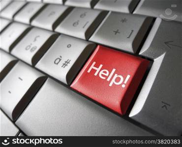 Help key button concept with text and sign on a red laptop computer key for website and online business.