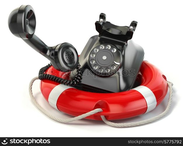 Help or support service concept. Telephone and life preserver isolated on white. 3d