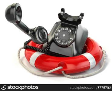 Help or support service concept. Telephone and life preserver isolated on white. 3d