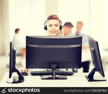 helpline operator with headphones in customer support center