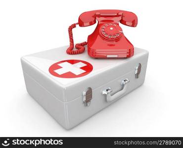 Helpline.Services. Phone on medical kit. 3d