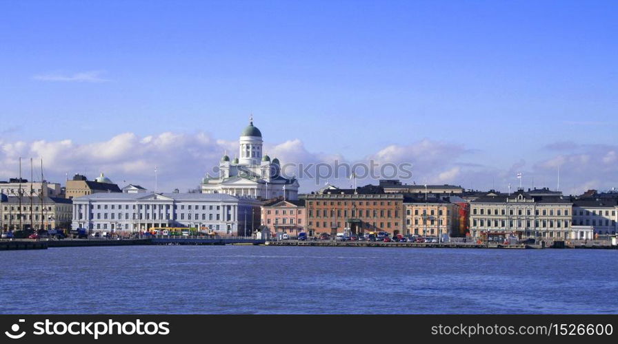 Helsinki city landmarks view seen from the sea