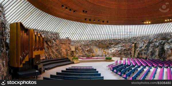 Helsinki, Finland: 4 August, 2021: interior view of the Tempeliaukio Church in Helsinki