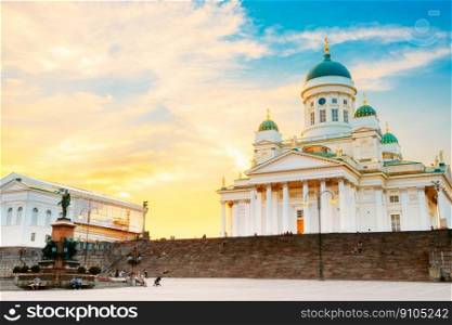 Helsinki, Finland. Famous Landmark In Finnish Capital - Senate Square With Lutheran Cathedral And Monument To Russian Emperor Alexander II At Summer Sunset Or Sunrise. Helsinki, Finland. Cathedral And Monument To Russian Emperor Alexander II At Summer Sunset Or Sunrise