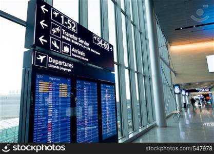 Helsinki, Finland - January 15, 2018: interior of the Vanta airport hall with arrival and departure board. Helsinki.. Helsinki, Finland - January 15, 2018: interior of the Vanta airport hall with arrival and departure board. Helsinki