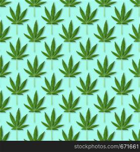 Hemp or cannabis leaves seamless pattern. Close up of fresh Cannabis leaves on blue background. Hemp or cannabis leaves seamless pattern.