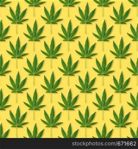 Hemp or cannabis leaves seamless pattern. Close up of fresh Cannabis leaves on yellow background. Hemp or cannabis leaves seamless pattern.