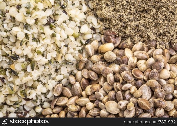 hemp seed, hearts and protein powder background