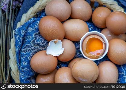 Hen / Close-up of Fresh chicken eggs on basket. Nutrition concept, Selective focus.