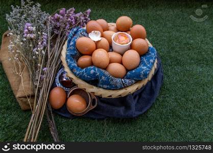 Hen / Fresh chicken eggs on basket. Nutrition concept, Copy space, Selective focus.