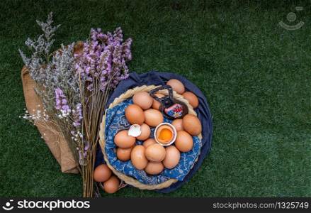 Hen / Fresh chicken eggs on basket. Nutrition concept, Topview, Copy space, Selective focus.