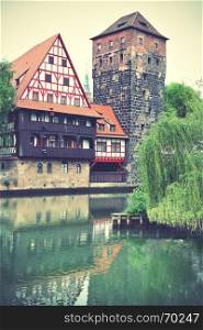 Henkerturm tower in Nuremberg, Germany. Retro style filtered image