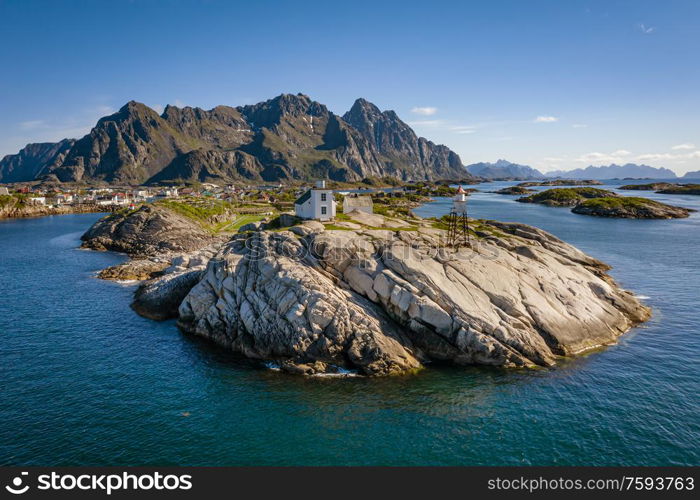 Henningsvaer Lofoten is an archipelago in the county of Nordland, Norway. Is known for a distinctive scenery with dramatic mountains and peaks, open sea and sheltered bays, beaches and untouched lands