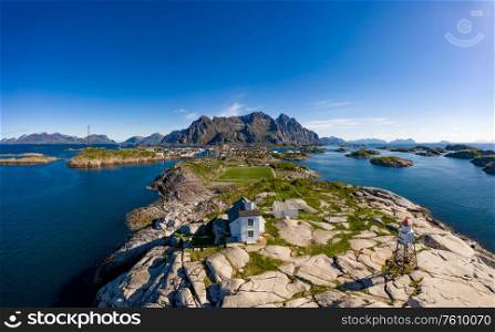 Henningsvaer Lofoten is an archipelago in the county of Nordland, Norway. Is known for a distinctive scenery with dramatic mountains and peaks, open sea and sheltered bays, beaches and untouched lands