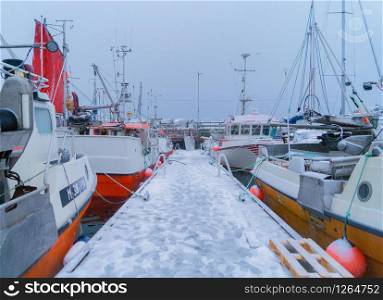 Henningsvaer village in Lofoten islands, Nordland county, Norway, Europe. Ships and boats in marina port in harbor in winter season. Architecture landscape background.