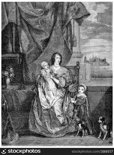Henrietta Maria of France, vintage engraved illustration.